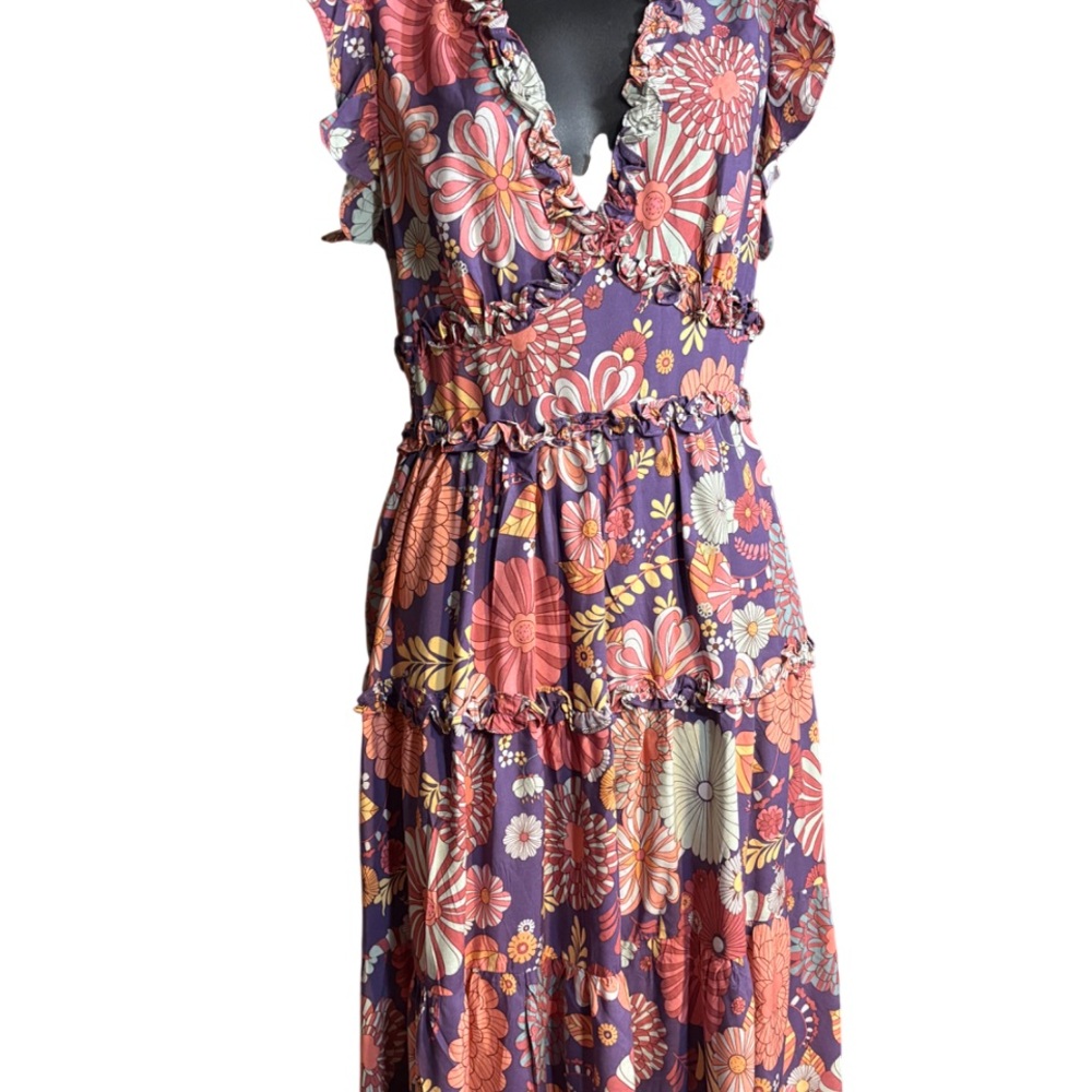 Boho Floral Tiered Midi Dress - Purple Floral - Picture 6 of 12